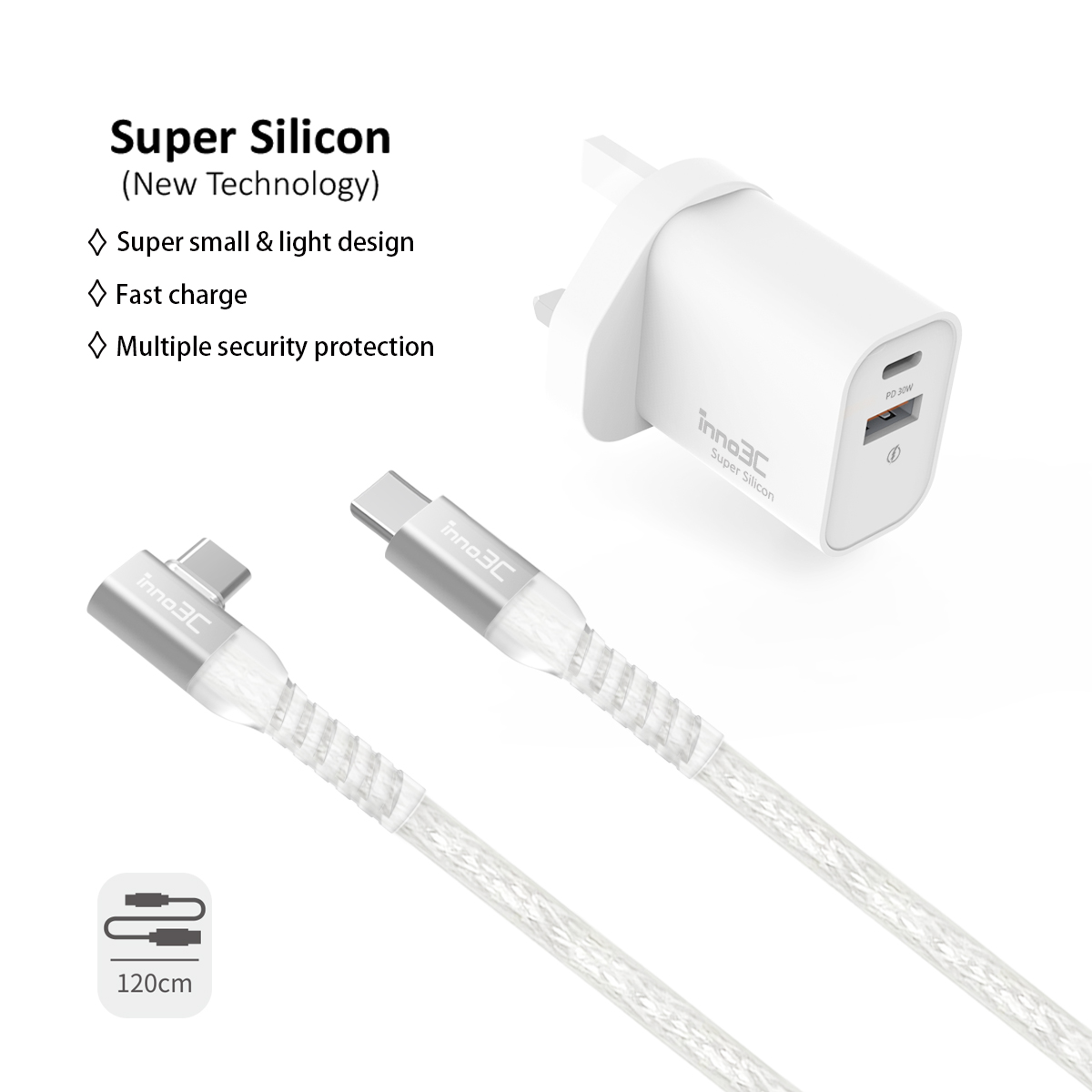 inno3C i-CP30W Super Silicon PD 30W Dual Port Fast Charger + Transparent Type-C to Type-C L-Shape Cable (White / Transparent)